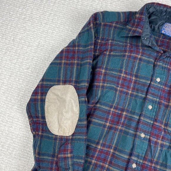 Vtg Pendleton Shirt Mens Large Plaid Wool Flannel USA Elbow Pads Wool Read* - Picture 3 of 16